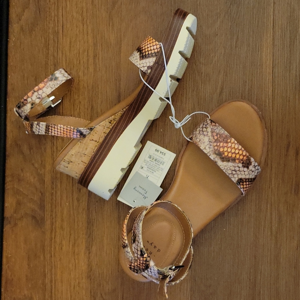 A New Day Abgail snakeskin cork open toe ankle strap wedge white sole 7..5 NEW…